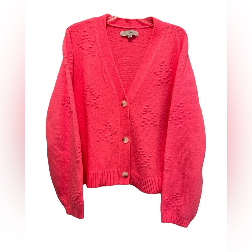 Loft Neon Day-Glo Pink Cardigan Sweater Textured Stars Chunky Cozy Size XL